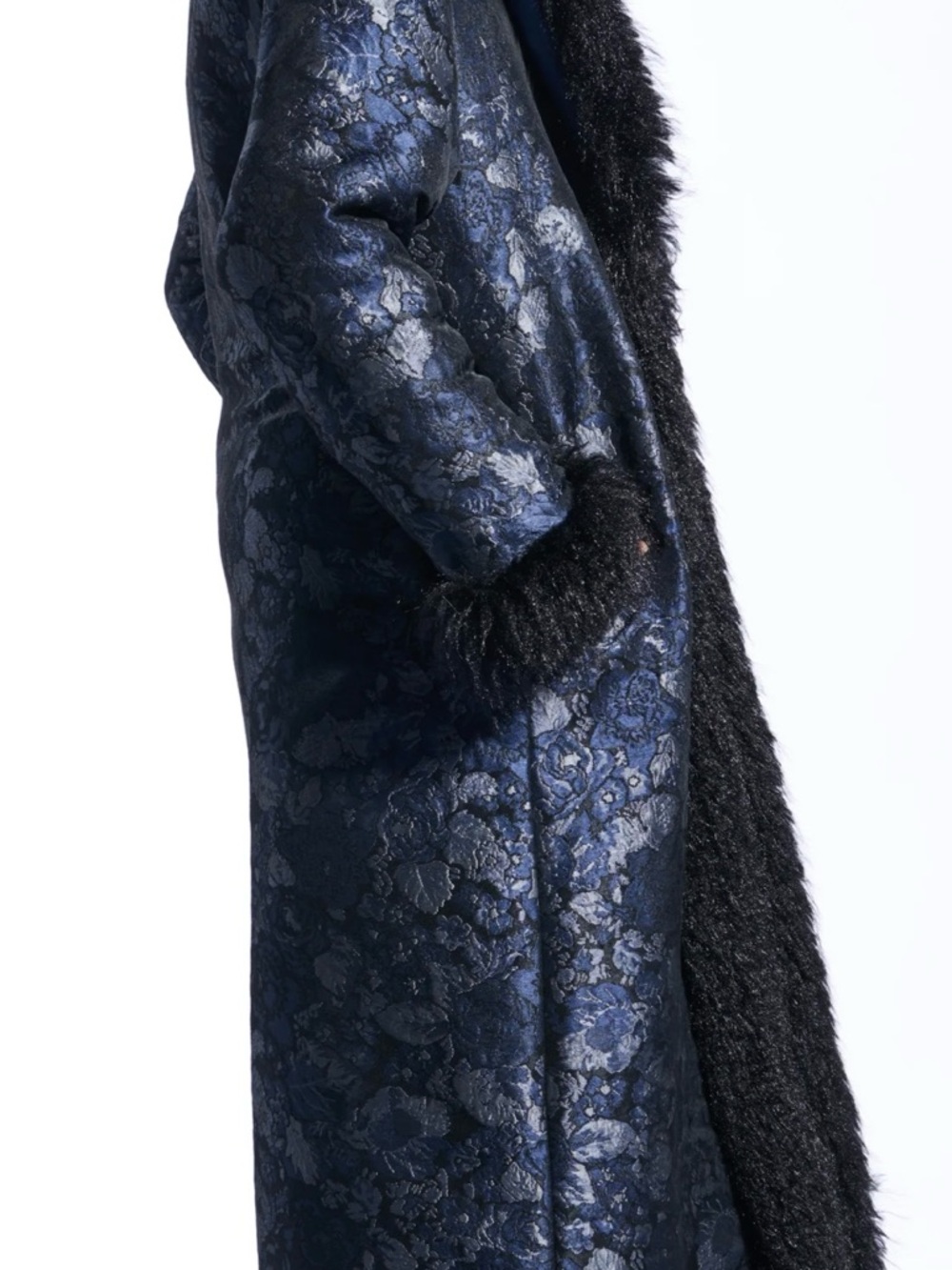 Navy Floral Jacquard Trench Coat with Black Faux Fur Trim - Picture 4 of 9